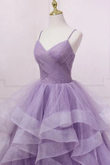 Black Dress Outfit, Princess Lavender Sparkly Spaghetti Straps Long Prom Dress Floor Length Evening Gown