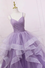 Party Dress Ideas For Curvy Figure, Princess Lavender Sparkly Spaghetti Straps Long Prom Dress Floor Length Evening Gown