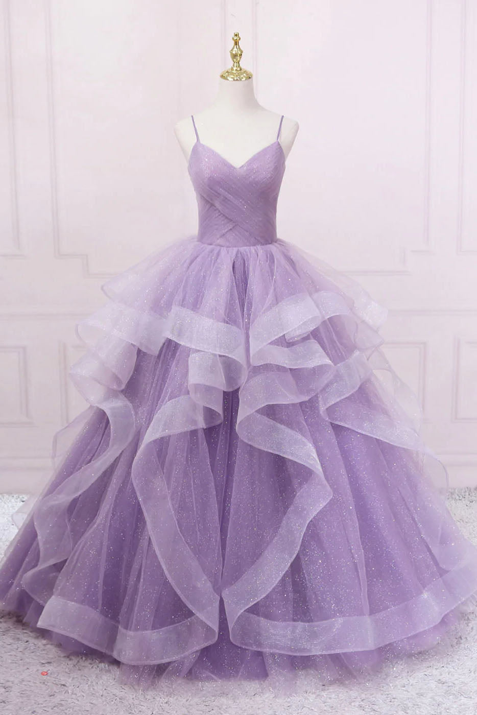 Party Dress Afternoon Tea, Princess Lavender Sparkly Spaghetti Straps Long Prom Dress Floor Length Evening Gown