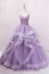 Party Dress Afternoon Tea, Princess Lavender Sparkly Spaghetti Straps Long Prom Dress Floor Length Evening Gown