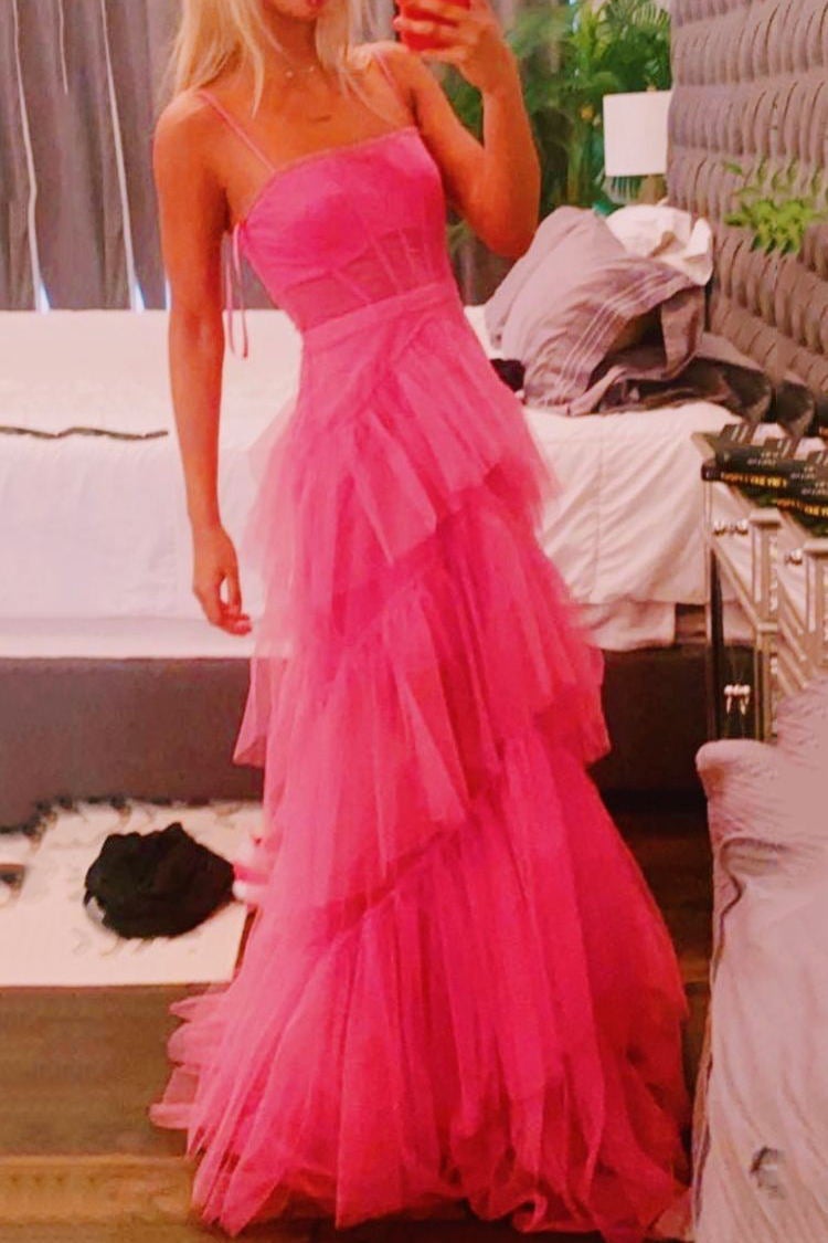 Prom Dress Long Blue, Fashion Hot Pink Layered Ruffles Evening Gown A Line Tulle Long Prom Dresses