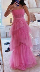 Prom Dress Blue Long, Fashion Hot Pink Layered Ruffles Evening Gown A Line Tulle Long Prom Dresses