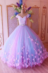 Party Dress Pattern Free, Princess Pink and Blue Ball Gown Prom Dresses with Flowers, Quinceanera Dresses