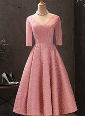 Wedding Dresses For The Beach, Pink V Neckline Lace Short Sleeves Tea Length Wedding Party Dress, Short Prom Dress