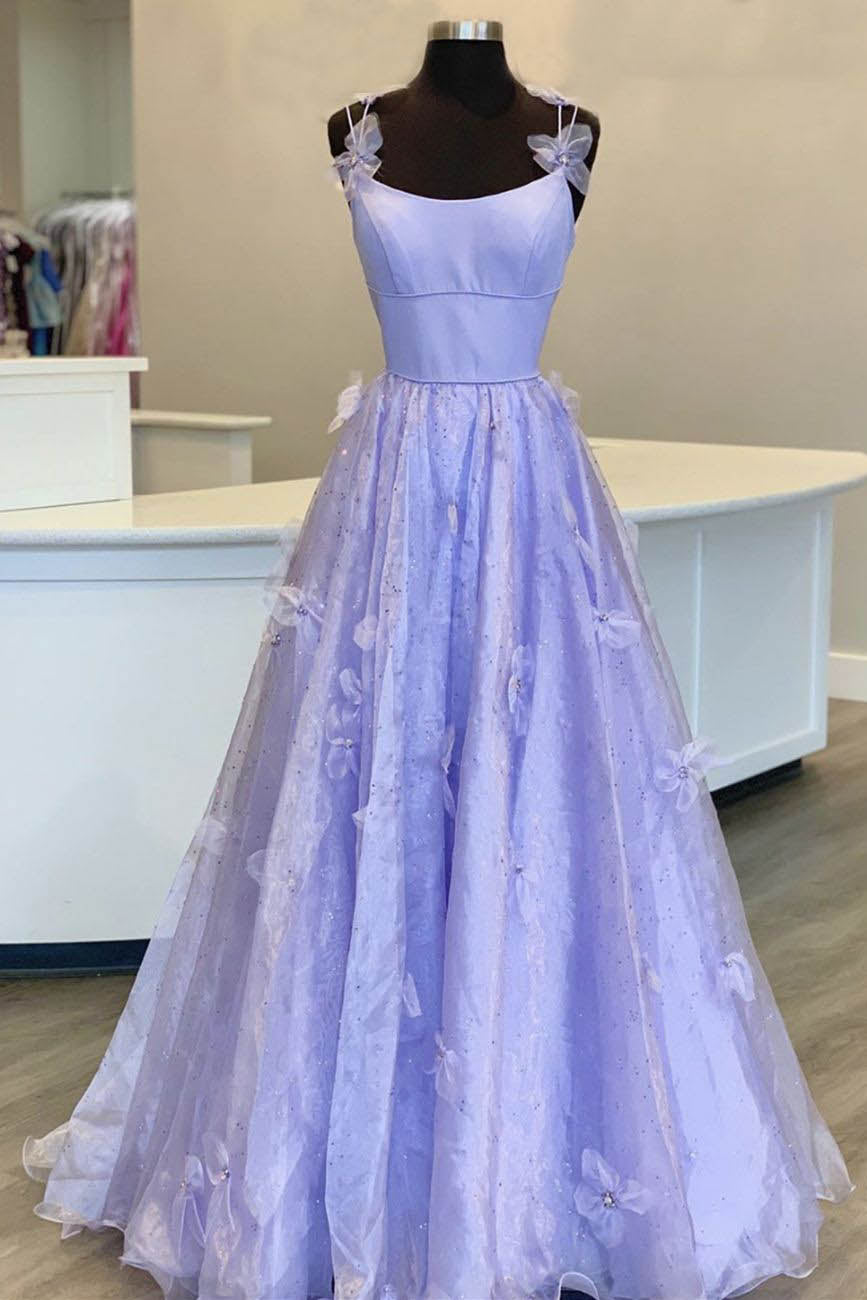 Party Dress Over 73, Purple Spaghetti Straps Long A line Prom Gown Handmade Flower Evening Dress