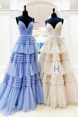 Strapless Prom Dress, Sparkly Spaghetti Straps Tiered Tulle Prom Dress, New Long Party Gown