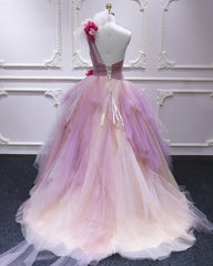 Party Dresses For Girls, Puffy One Shoulder Sleeveless Tulle Prom Dress with Flowers, Ruffles Quinceanera Dress