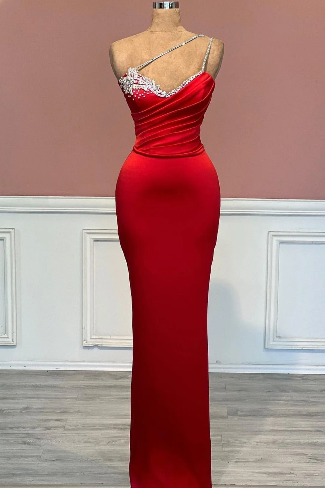 Party Dresses And Jumpsuits, Red Long Mermaid One Shoulder Satin Prom Dress With Beadings Sleeveless