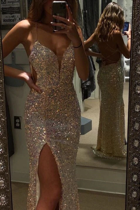 Homecoming Dress 2031, Mermaid Evening Dresses Spaghetti Straps V Neck Prom Dresses With Split