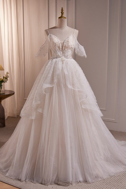 Wedding Dress Silhouettes Guide, Elegant Tulle Spaghetti Straps Ball Gown Wedding Dress with Beads