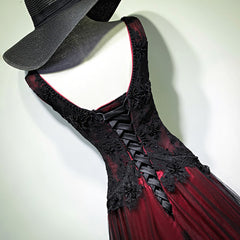 Prom Ideas, Gorgeous Black And Red V Neckline Tulle Beaded Prom Dress, Long Evening Gown