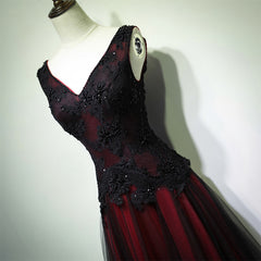 On Shoulder Dress, Gorgeous Black And Red V Neckline Tulle Beaded Prom Dress, Long Evening Gown