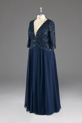 Bridesmaid Dress By Color, Navy V-Neck Long Sleeves Lace Appliques Chiffon Prom Dress