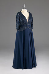Bridesmaids Dress Trends, Navy V-Neck Long Sleeves Lace Appliques Chiffon Prom Dress