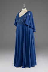 Evening Dresses 1934S, A-line V-Neck Short Sleeves Chiffon Mother of The Bride Dress