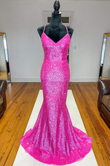 Bridesmaids Dresses On Sale, Fuchsia Mermaid Backless Sequined Prom Dress