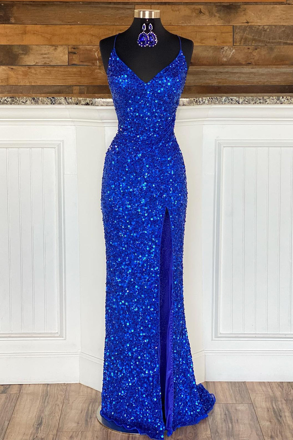 Party Dresses Maxi, Mermaid Spaghetti Straps Royal Blue Sequins Long Prom Dress