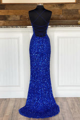 Party Dress Casual, Mermaid Spaghetti Straps Royal Blue Sequins Long Prom Dress