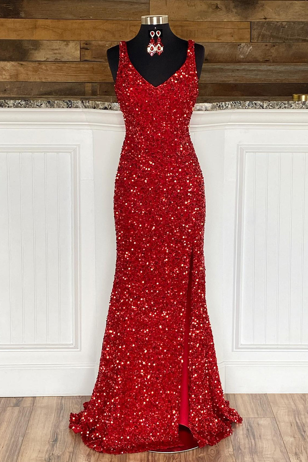 Fashion Dress, Sheath Spaghetti Straps Red Sequins Prom Dress with Split Front