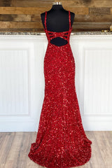 Floral Bridesmaid Dress, Sheath Spaghetti Straps Red Sequins Prom Dress with Split Front