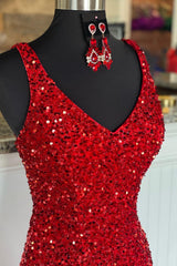 Bridesmaid Nail, Sheath Spaghetti Straps Red Sequins Prom Dress with Split Front