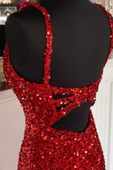 Short Prom Dress, Sheath Spaghetti Straps Red Sequins Prom Dress with Split Front