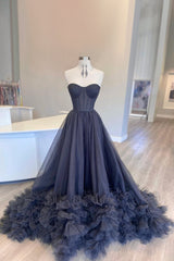 Dream Wedding, Black Corset Sweetheart Long Prom Dress with Ruffles