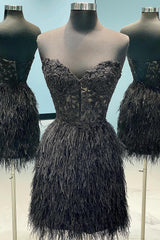 Homecoming Dress Short Prom, Black Lace Tight Short Homecoming Dress with Feathers