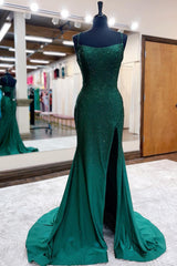 Party Dress Styling Ideas, Mermaid Spaghettti Straps Dark Green Sequins Long Prom Dress with Split Front
