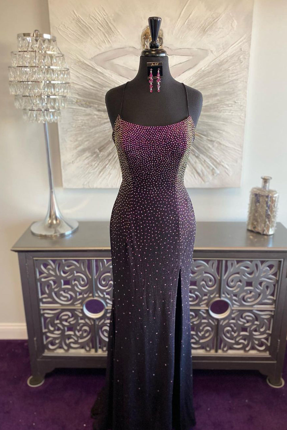 Bridesmaid Dress Design, Dark Purple Lace-Up Back Mermaid Prom Dress with Beading