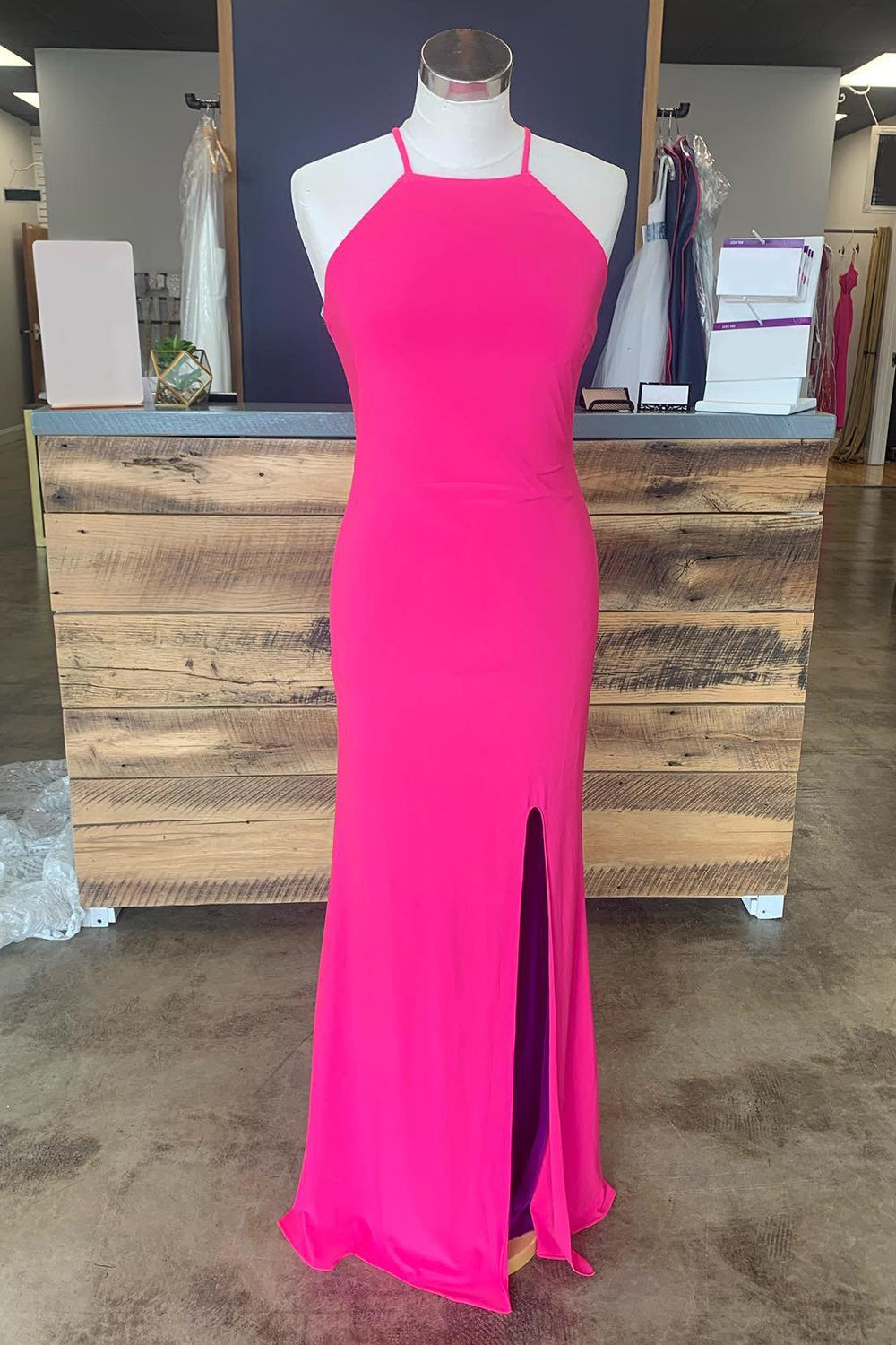 Bridesmaid Dressing Gowns, Sheath Halter Hot Pink Long Prom Dress with Silt