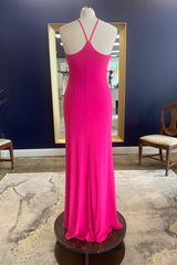 Bridesmaids Dressing Gowns, Sheath Halter Hot Pink Long Prom Dress with Silt