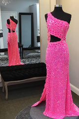 Elegant Prom Dress, Hot Pink One Shoulder Sequins Prom Dress with Slit