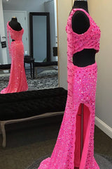 Prom Dress Long, Hot Pink One Shoulder Sequins Prom Dress with Slit