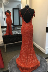 Bridesmaid Dress Styles Long, Orange Sparkly Spaghetti Straps Sequins Long Prom Dress with Slit