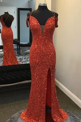 Bridesmaids Dress Styles Long, Orange Sparkly Spaghetti Straps Sequins Long Prom Dress with Slit