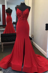 Bridesmaid Dresses Vintage, Beaded Red Mermaid Prom Dress with Appliques