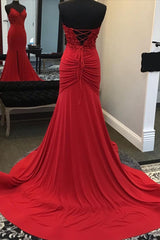 Bridesmaid Dresses Summer Wedding, Beaded Red Mermaid Prom Dress with Appliques