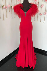 Prom Dresses Blue, Red Mermaid Long Prom Dress with Feathers