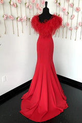 Prom Dresses Fitted, Red Mermaid Long Prom Dress with Feathers