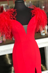 Prom Dress A Line Prom Dress, Red Mermaid Long Prom Dress with Feathers