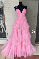 Party Dress Midi With Sleeves, Sparkly Spaghetti Straps Tiered Tulle Prom Dress, New Long Party Gown