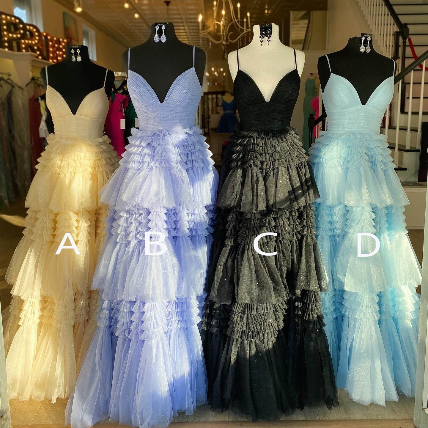 Dinner Dress Classy, Sparkly Spaghetti Straps Tiered Tulle Prom Dress, New Long Party Gown