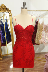 Homecomming Dress Vintage, Champagne Spaghetti Straps Tight Short Homecoming Dress with Appliques