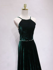 Prom Dress Under 211, A-Line Backless Green Velvet Long Prom Dresses, Green Formal Evening Dresses