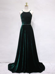 Prom Dress Shop, A-Line Backless Green Velvet Long Prom Dresses, Green Formal Evening Dresses