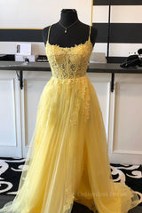 Evening Dress Wholesale, A Line Backless Yellow Lace Floral Long Prom Dress with High Slit, Open Back Yellow Lace Formal Dress, Yellow Lace Evening Dress