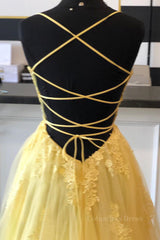 Evening Dress Gown, A Line Backless Yellow Lace Floral Long Prom Dress with High Slit, Open Back Yellow Lace Formal Dress, Yellow Lace Evening Dress