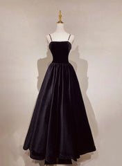 Bridesmaid Dresses With Sleeve, A-Line Black Velvet Floor-Length Prom Dress, Pearls Spaghetti Straps Long Party Dress