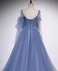 Evening Dresses Cocktail, A line Blue Long Prom Dress, Blue Formal Graduation Dress with Beading